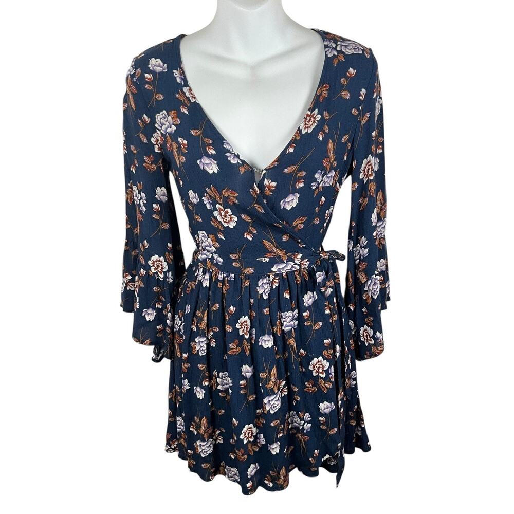 AE Floral Romper XXS Blue Wrap Tie Waist Vacation Beach Boho Cottagecore